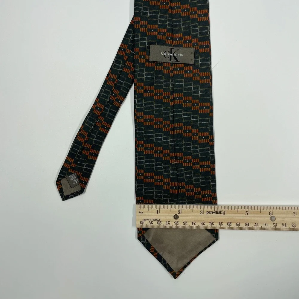 Calvin Klein Black Orange Geometric Silk Necktie Mens One Size
